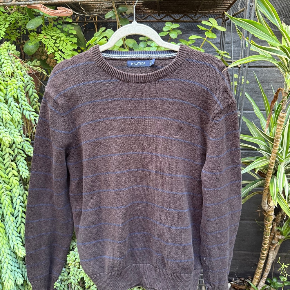 Nautica Chocolate Brown Striped Knit Sweater